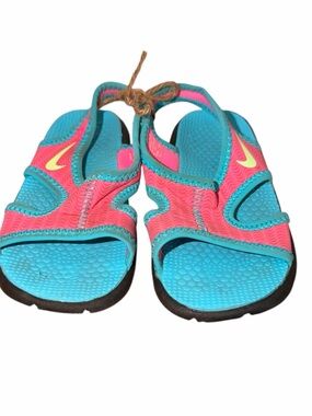 Nike Kids Teal and Hot Pink Velcro Sport Sandals with Yellow Swoosh